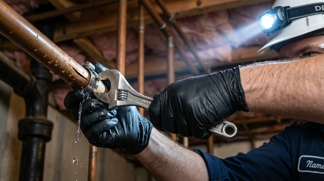 Emergency pipe clamp repair being performed by a Johns Plumbing LLC plumber in Lomita