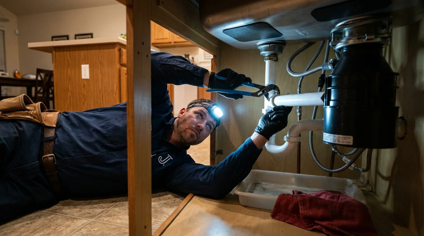 P-trap and supply line connections under a kitchen sink showing a common leak point in Lomita, CA